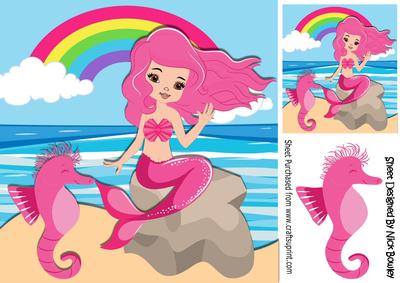 Mermaid with Pink Hair and Seahorse Sitting on a Rock 8x8