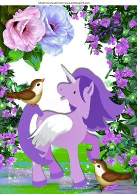 Little Purple Unicorn with Little Birds A4