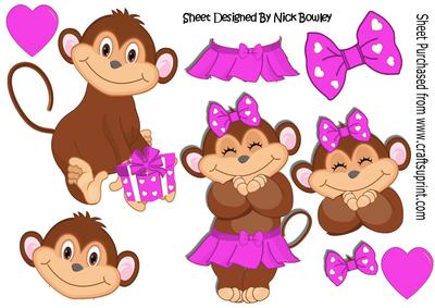 Cute Monkey Love in Cerise with Hearts A4