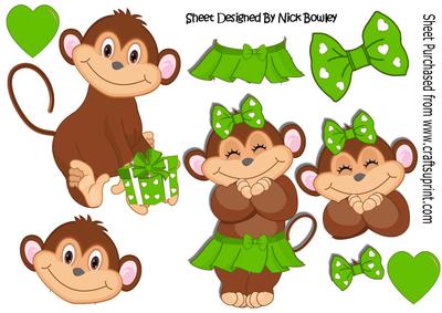 Cute Monkey Love in Green with Hearts A4