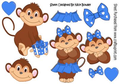 Cute Monkey Love in Blue with Hearts A4