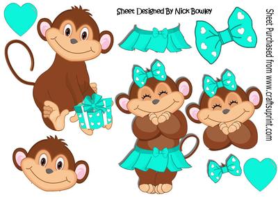 Cute Monkey Love in Turq with Hearts A4