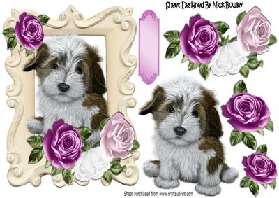 Cute Puppy in Ornate Frame with Pink Roses