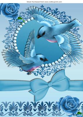 Pretty Turq Birds in Flight with Roses and Bow A4