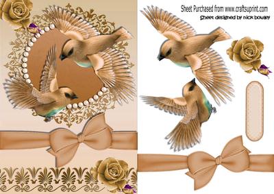 Pretty Brown Birds in Flight with Roses and Bow