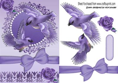 Pretty Lilac Birds in Flight with Roses and Bow
