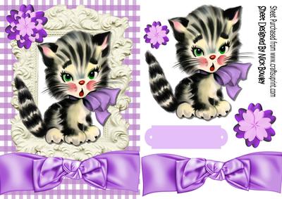 Cute Little Kitty with Purple Bow, and Gingham