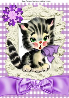 Cute Little Kitty with Purple Bow, and Gingham A4