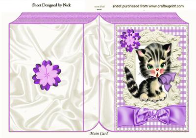 Cute Little Kitty with Purple Bow, and Gingham Folded Book