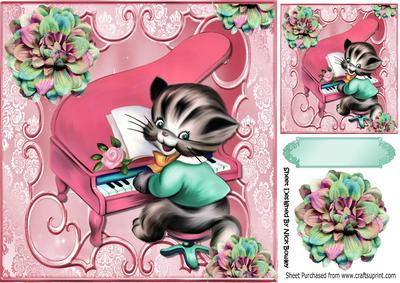 Cute Kitty Playing the Piano with Flowers 8x8