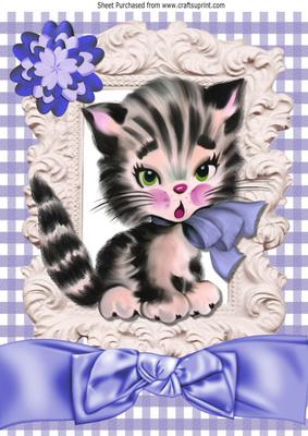 Cute Little Kitty with Blue Bow, and Gingham A4