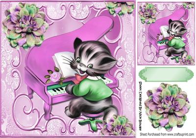 Cute Kitty Playing the Pink Piano with Flowers 8x8