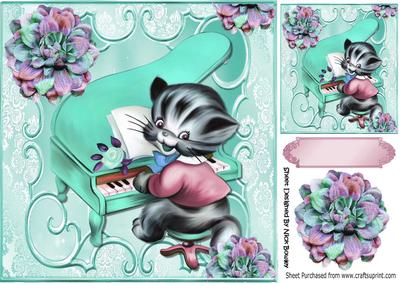 Cute Kitty Playing the Turq Piano with Flowers 8x8
