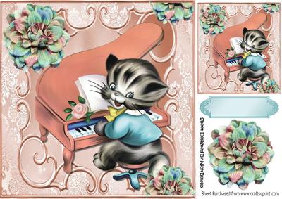 Cute Kitty Playing the Peach Piano with Flowers 8x8