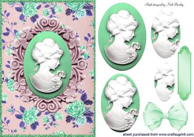 Pretty Green Cameo of Lady with Flowers Oval Pyramids