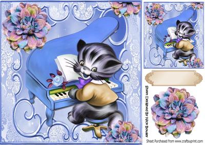 Kitty Playing the Blue Piano with Flowers 8x8
