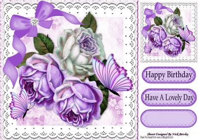 Pretty Lilac/white Roses with Bow, Butterflies 8x8
