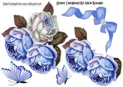 Pretty Blue/white Roses with Bow and Butterflies A4