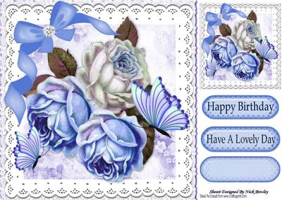 Pretty Blue/white Roses with Bow and Butterflies 8x8