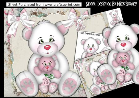 Cute White Cuddle Bear with Baby & Bows 8x8 Mini Kit