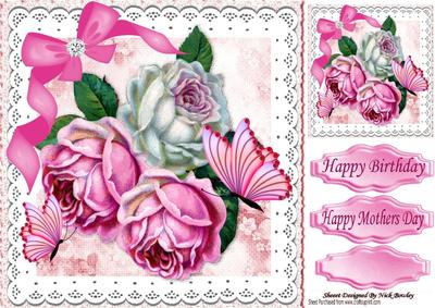 Pretty Pink/white Roses with Bow and Butterflies 8x8