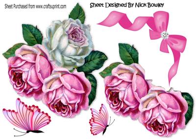 Pretty Pink/white Roses with Bow and Butterflies A4