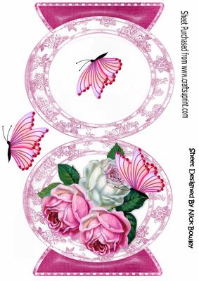 Pretty Pink/white Roses with Bow and Butterflies Card