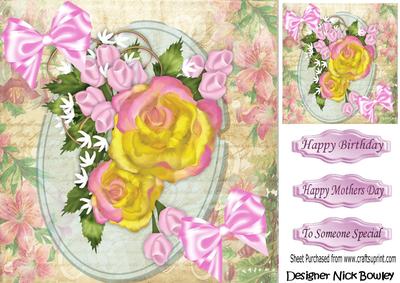Pretty Yellow/pink Roses with Bows 8x8