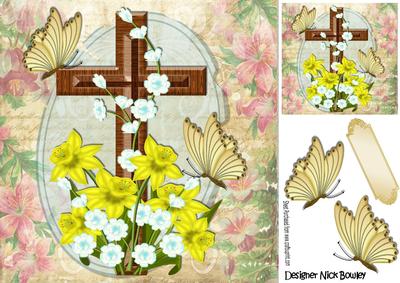 Pretty Golden Daffodils with Cross and Butterflies 8x8