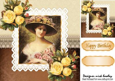 Pretty Vintage Lady in Bonnet with Yellow Roses 8x8