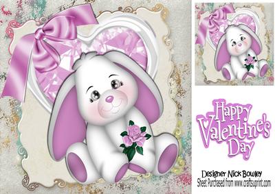 Pink Sparkle Heart with Bunny and Rose 8x8