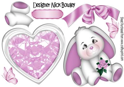 Pink Sparkle Heart with Bunny, Rose and Butterflies A4