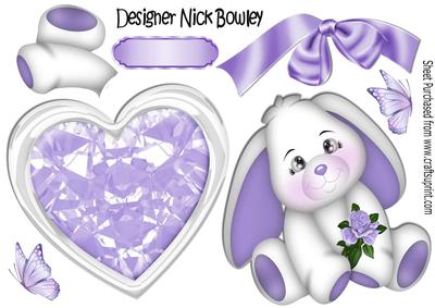 Purple Heart with Bunny, Rose and Butterflies A4
