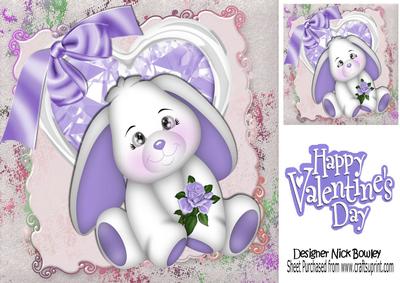 Purple Sparkle Heart with Bunny and Rose 8x8