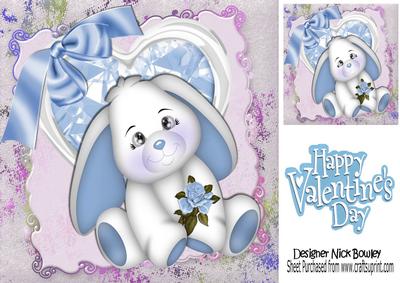 Blue Sparkle Heart with Bunny and Rose 8x8