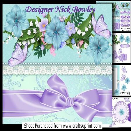 Spray of Pretty Flowers with Bow, Lace and Butterflies 8x8