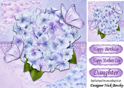 Pretty Lilac and Blue Hydrangeas with Butterflies 8x8