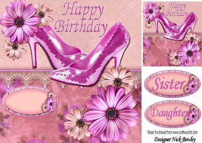Cerise Pink Sparkle Shoes with Flowers and Lace 8x8