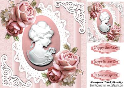 Pretty Pink Roses with Cameo on Vintage Lace 8x8