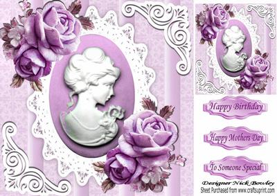 Pretty Lilac Roses with Cameo on Vintage Lace 8x8