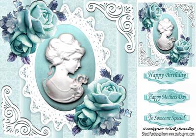 Pretty Turq Roses with Cameo on Vintage Lace 8x8