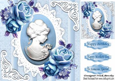 Pretty Blue Roses with Cameo on Vintage Lace 8x8