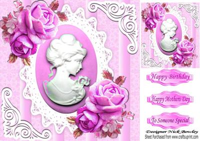 Pretty Cerise Roses with Cameo on Vintage Lace 8x8