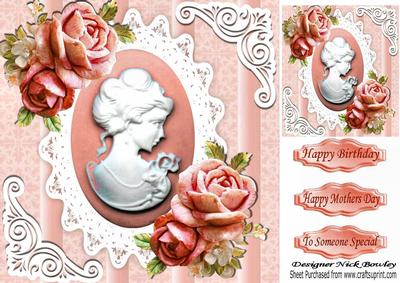 Pretty Peach Roses with Cameo on Vintage Lace 8x8