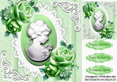 Pretty Green Roses with Cameo on Vintage Lace 8x8