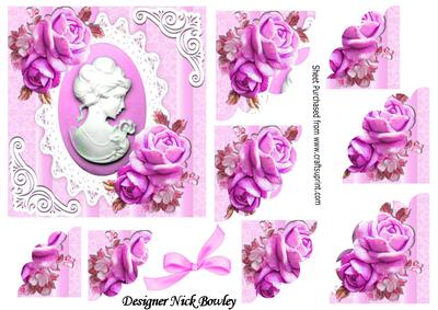 Pretty Cerise Roses with Cameo on Lace Corner Stackers