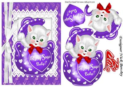 Be My Sugar Baby! Cute White Kitty in Sugar Pot with Red Bow