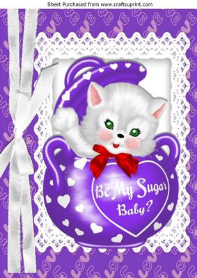 Be My Sugar Baby! Cute White Kitty in Pot with Red Bow A4