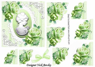 Pretty Green Roses with Cameo on Lace Corner Stackers