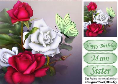 Pretty Red and White Roses with Butterfly for Mum 8x8